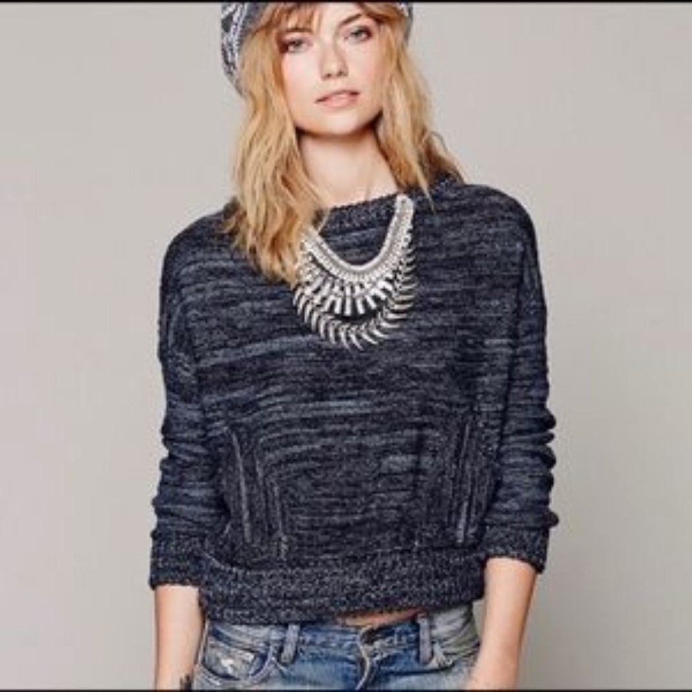 Free People Crop Pocket Sweater Black Grey